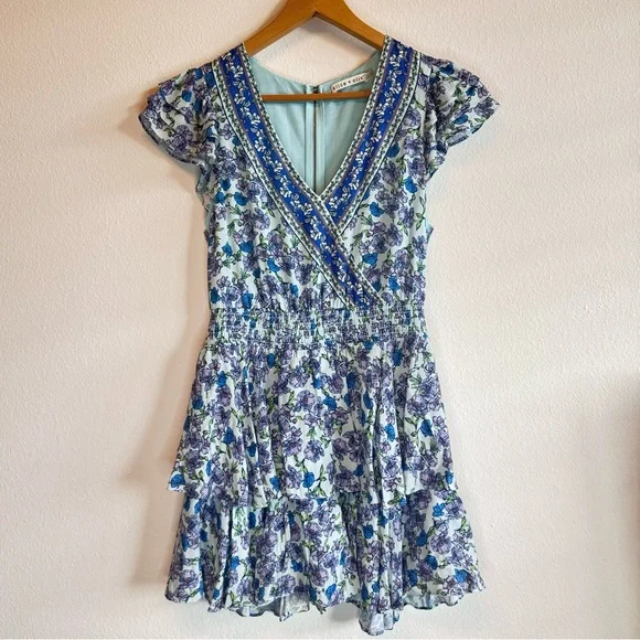 Alice + Olivia Mariska Blue Purple Floral Romper Mini Dress Boho Whimsical Sz 8
